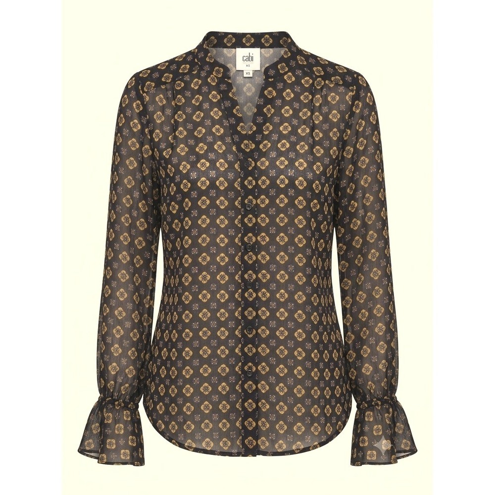 Cabi Gossamer Dark Academia Blouse Navy Yellow Chic Medallion Print Ruffle XS